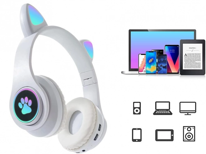 Brezžične slušalke bluetooth radio fm mp3 mačja ušesa led osvetlitev – Bele