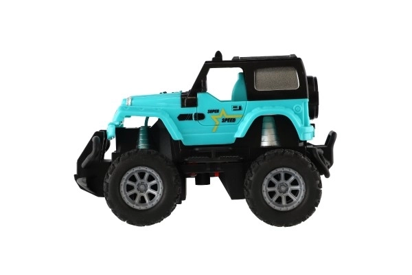 Auto RC terenski 14cm plast 27MHz na baterije s svetlobo v škatli 20x11x10cm – Turkizna