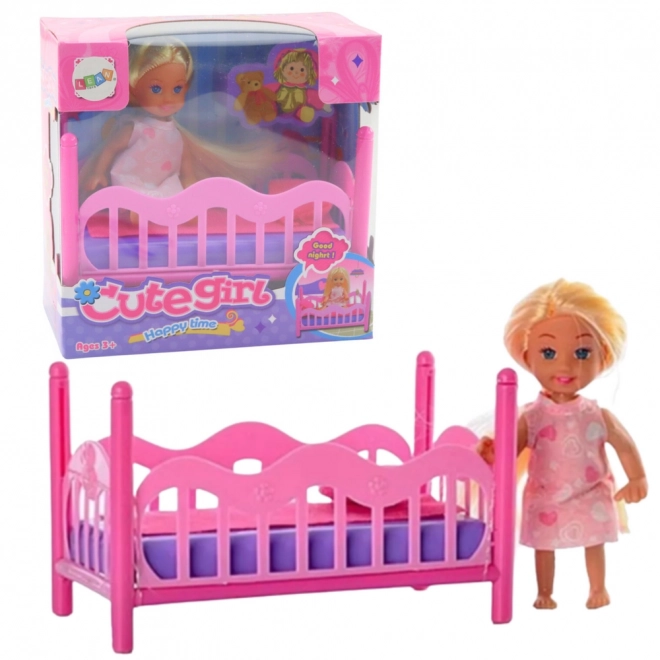 Set mini punčka v pižami roza posteljica