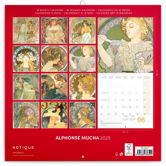 Kratki koledar Alfons Mucha 2025, 30 × 30 cm
