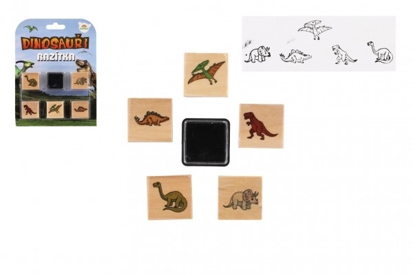 Leseni žigi 5+1 s blazinico dinozavri 3x3cm na kartonu