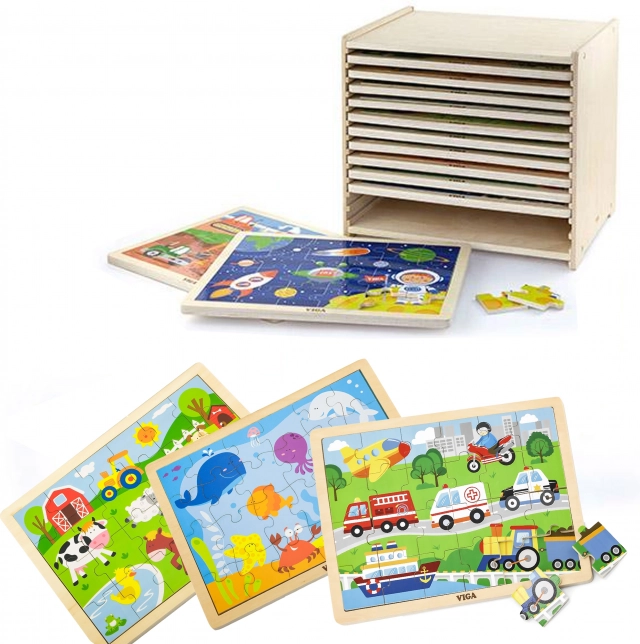 Lesene sestavljanke Viga – komplet 12 okvirnih puzzlov s 24 koščki na stojalu