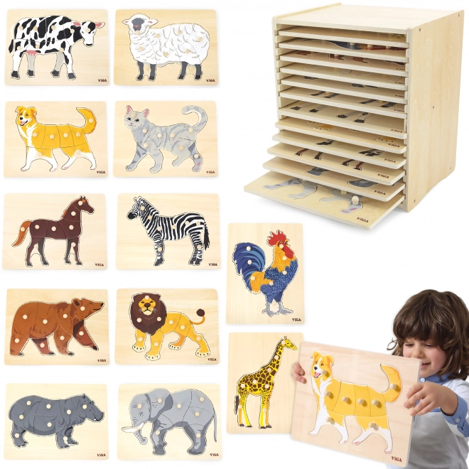 Komplet lesenih puzzlov 12 živali Montessori s stojalom Viga