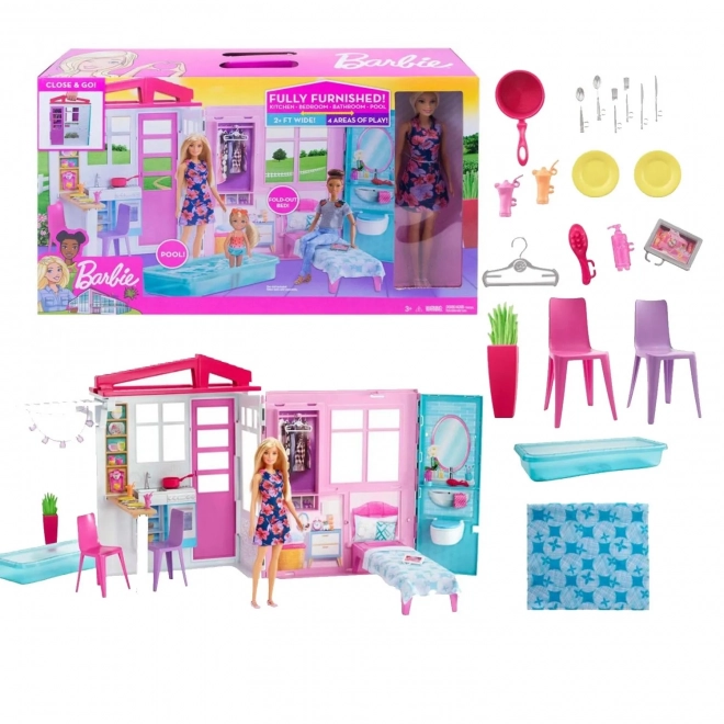 Hiška za punčke Barbie s pripomočki in punčko GWY84