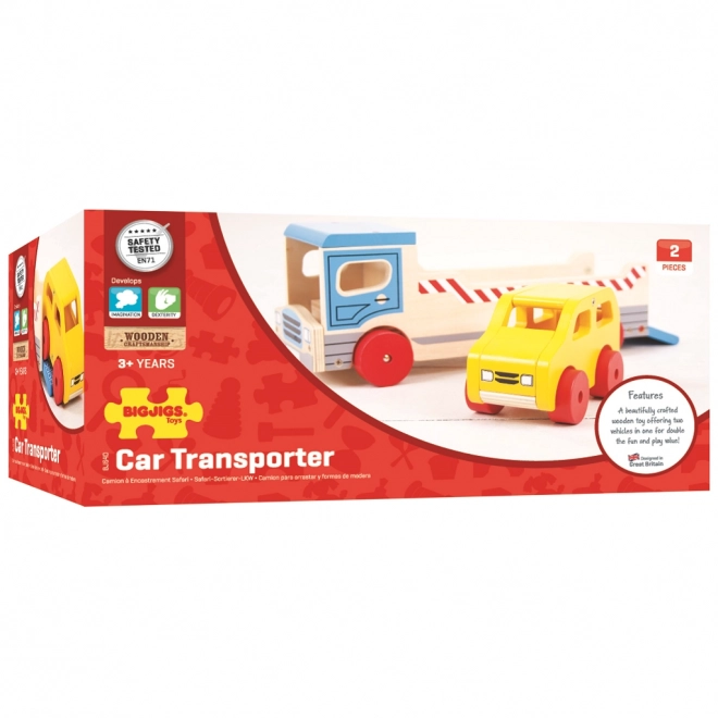 Bigjigs Toys Leseno vlečno vozilo z osebnim avtomobilom