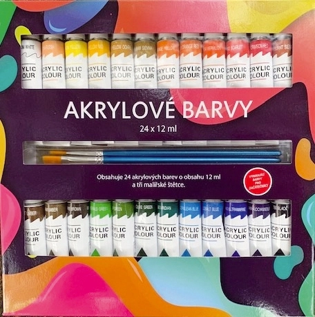 Akrilne barve 24x12ml s čopiči 3 kosi tudi za keramiko, steklo, kamne v škatli 22x22x2cm
