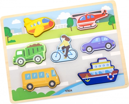 VIGA Lesene puzzle Montessori 2v1 Prevozna sredstva