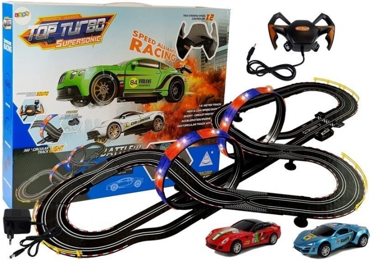 Tekmovalna steza 1:43 z 2 avtomobilčki Top Turbo z lučmi, dolžina 7,6 m