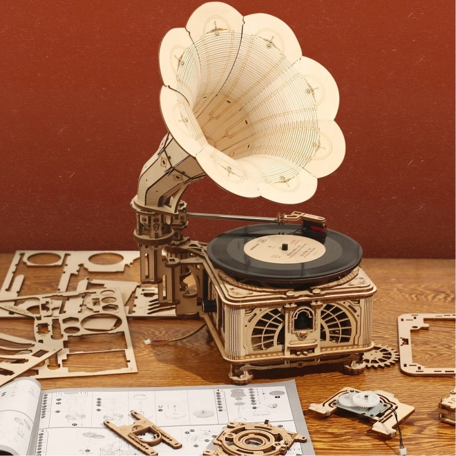 RoboTime 3D lesene mehanske puzzle Gramofon (ročni pogon)