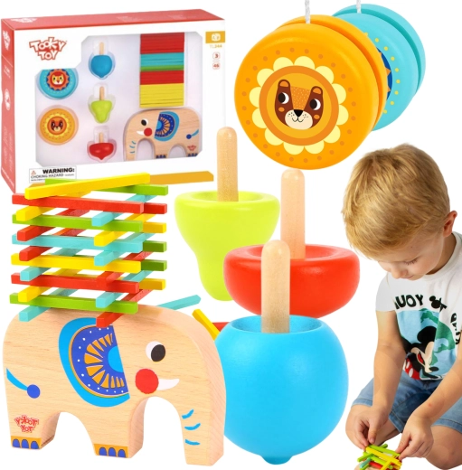 Lesena igralna zbirka – slon, mikado, vrtavka in jojo 46 kosov TOOKY TOY