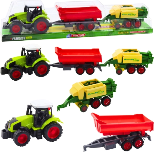 Otroški traktor s prikolico in stiskalnico sena – kmetijski komplet