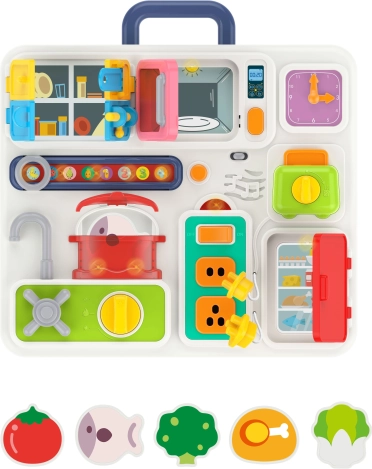 woopie baby montessori kuhinjska manipulativna tabla z zvoki, lučkami in uro