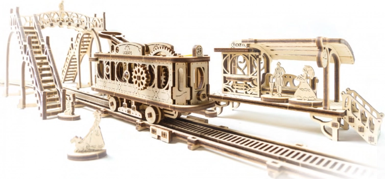 Lesena mehanska sestavljanka UGEARS tramvajska linija Mechanical Town