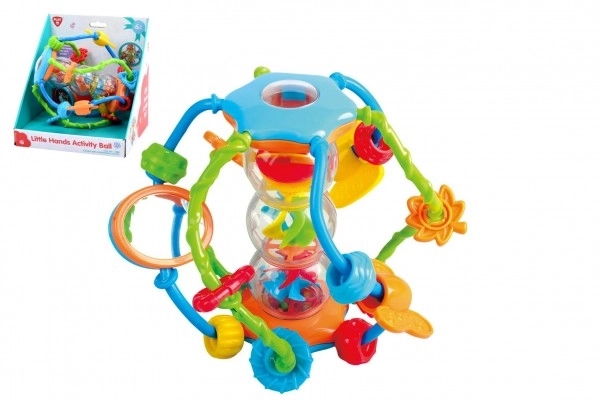 Ropotuljica krogla/miselna žogica edukativni plastika 15 cm za najmlajše v škatli 18x19x17 cm 6m+