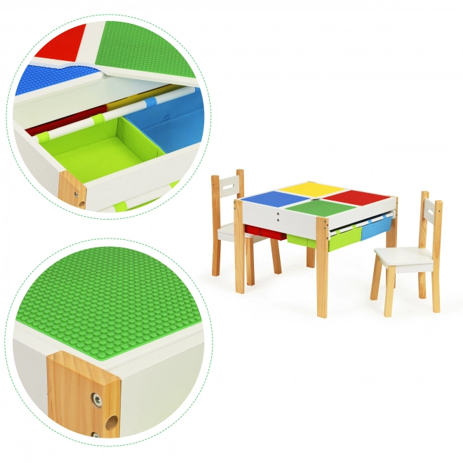 ECOTOYS Lesena otroška miza z igralno ploščo in dvema stolčkoma