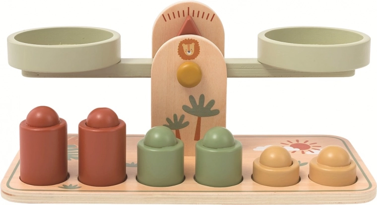 Lesena otroška skledasta tehtnica v pastelnih barvah, navdihnjena z Montessori pristopom