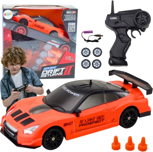 RC športni avto 1:24 z zamenljivimi kolesi, oranžen