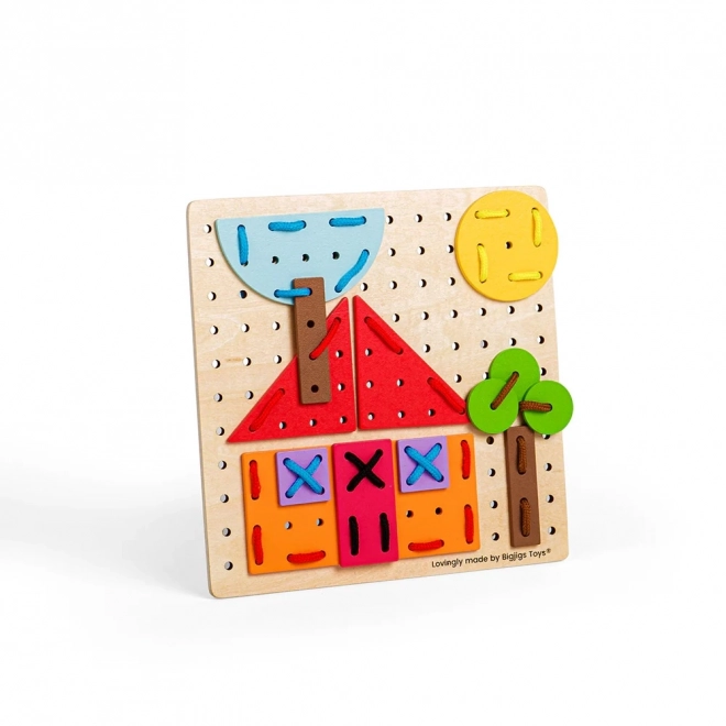 Bigjigs Toys Lesena igra za vezanje Geometrične oblike