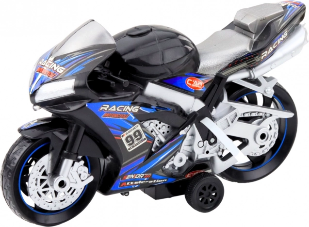 Črno-modri dirkalni motocikel z učinki svetlobe in zvoka