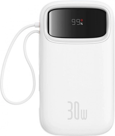 Powerbanka Baseus QPow 2 20000 mAh 30 W z integriranim kablom USB‑C, 2× USB‑C, bela