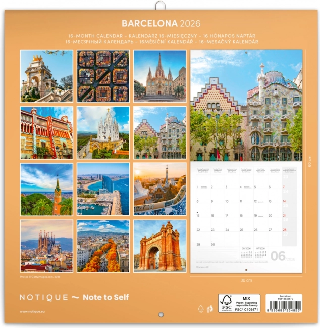 Stenski koledar Barcelona 2026, 30 x 30 cm