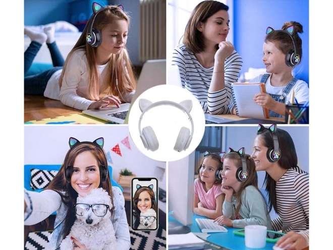 Brezžične slušalke bluetooth radio fm mp3 mačja ušesa led osvetlitev – Bele