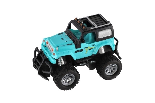Auto RC terenski 14cm plast 27MHz na baterije s svetlobo v škatli 20x11x10cm – Turkizna