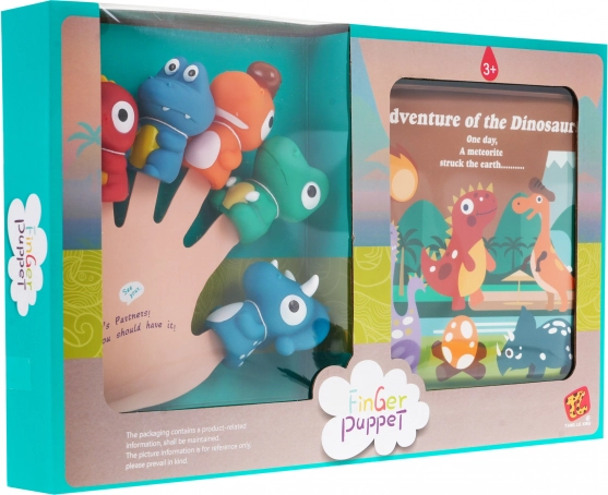 Set 5 gumijastih prstnih lutk dinozavrov z mehko knjižico, 3+, vodoodporno
