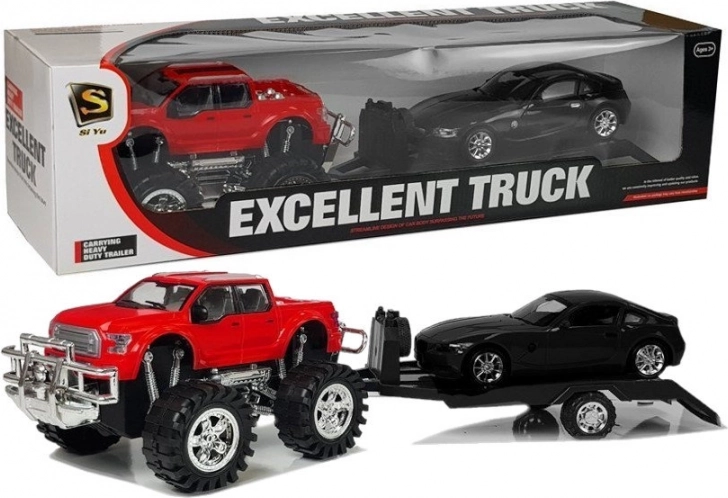 Komplet vozil rdeči monster truck s prikolico in črnim BMW 58 cm