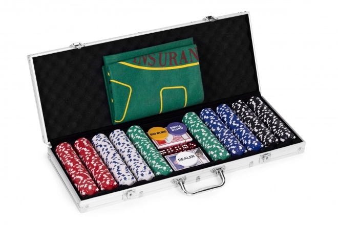 Poker in Blackjack set – 500 žetonov, 2 kompleta kart, kocke, igralna podloga, zaklenljiv kovček