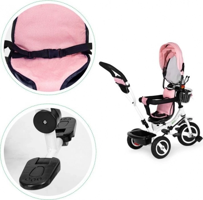 ECOTOYS Tricikel s streho in vodilno palico roza