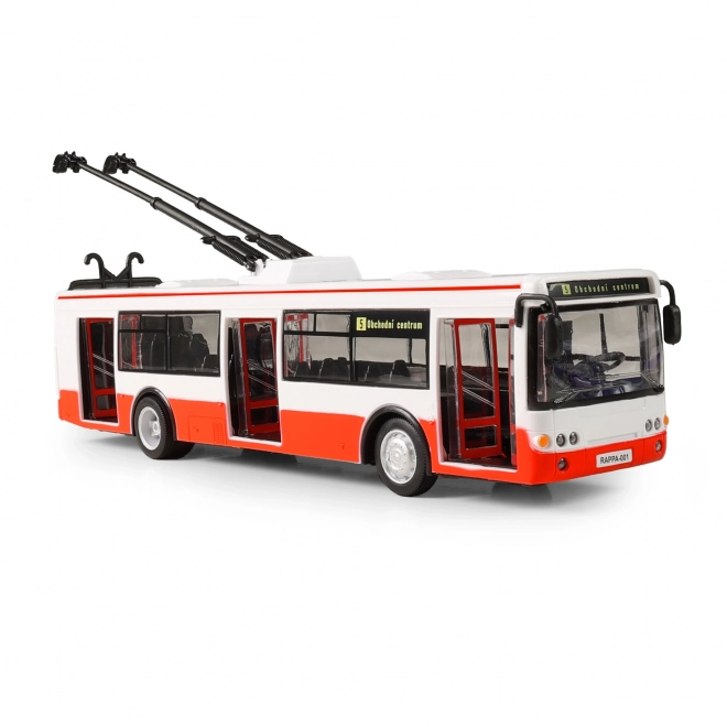 Trolejbus slovensko govoreči plast 29cm rdeč brezplačna vožnja na baterijah s svetlobo in zvokom v škatli 33x11x10cm