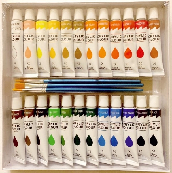 Akrilne barve 24x12ml s čopiči 3 kosi tudi za keramiko, steklo, kamne v škatli 22x22x2cm