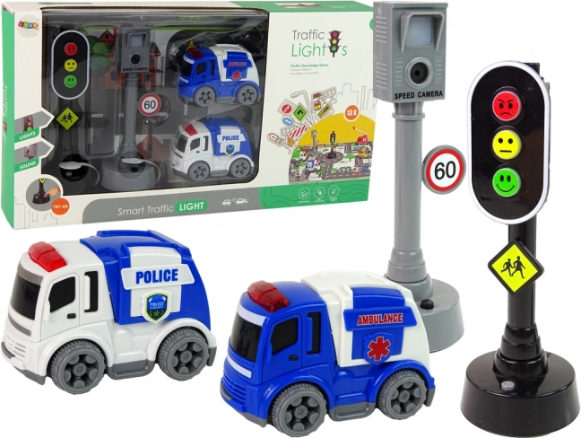 Set Igrač Avtomobilov z Prometnimi Znaki in Svetlobno Signalizacijo