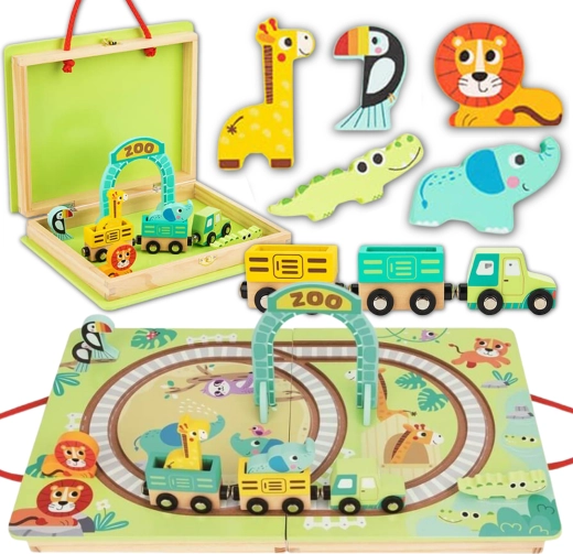 Tooky Toy lesena železniška ZOO set v kovčku z magnetnimi vagončki