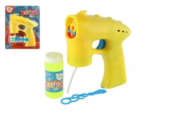 Pištola za milne mehurčke rumena plastika 13cm + 1 polnilo na baterije na kartončku
