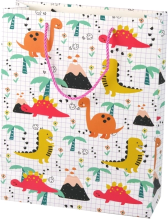 Darilna vrečka z dinozavri, karirast motiv, 32 × 26 × 10 cm