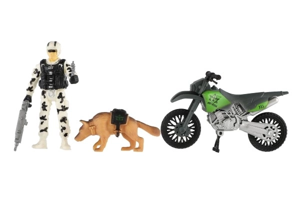 Vojaški set plastična motor, vojak, pes z dodatki v škatli 23x14x4cm