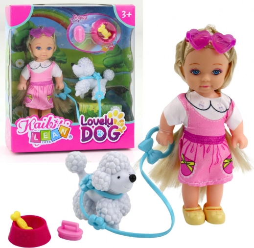 Mini punčka s psičkom na povodcu in skledico s kostjo