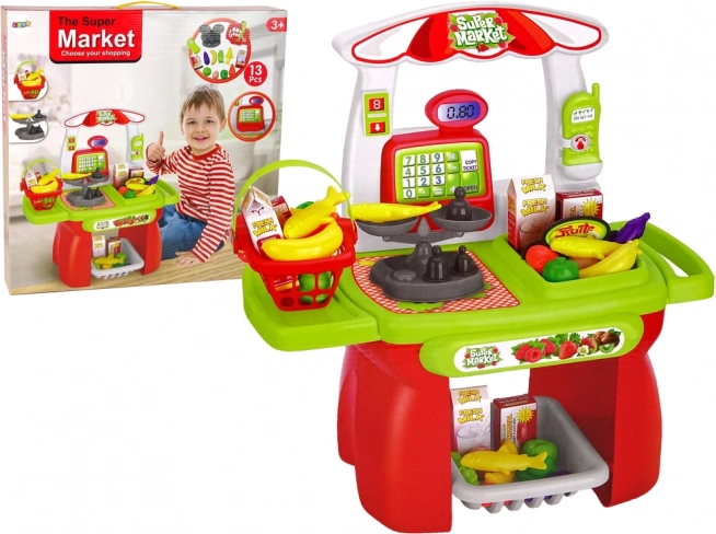 Otroški supermarket – nakupovalna košara, blagajna, tehtnica in živila (13-delni set)