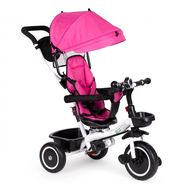 ECOTOYS Tricikel s streho in vodilno palico - roza