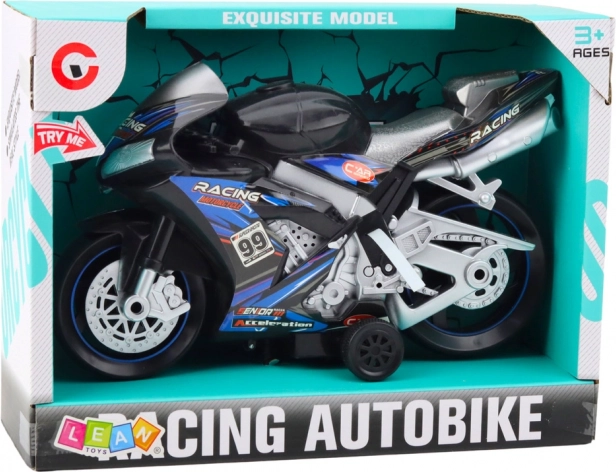 Črno-modri dirkalni motocikel z učinki svetlobe in zvoka