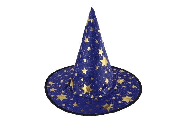 Otroški čarovniški klobuk premer 38cm modro-zlat v vrečki za karneval