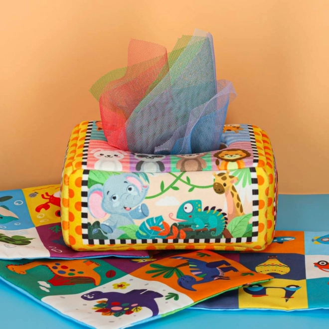 Montessori senzorična škatla z barvnimi robčki in živalmi