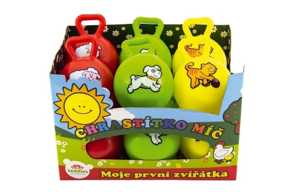Gumijasta žoga z ročajem in ropotuljico Moje prve živali - 10 cm