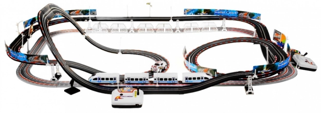 Električna železnica Racetrack 2v1 za otroke 6+ z daljinskim upravljanjem + lokomotive + vagoni + avtomobilčki