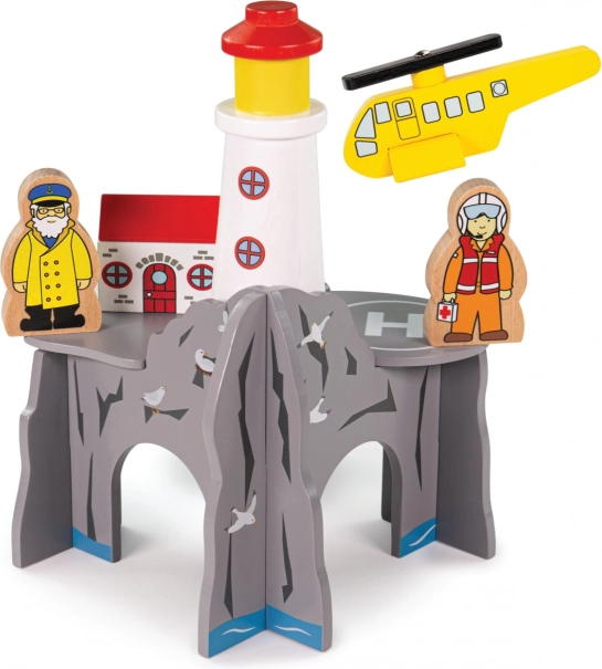 Bigjigs Rail tunel z svetilnikom in heliportom – leseni komplet za vlakce