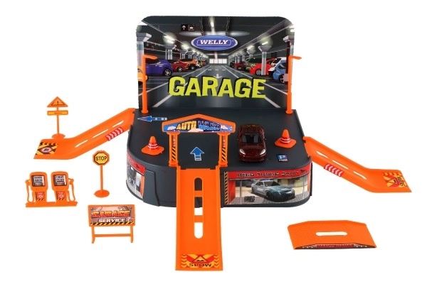 Garaža Welly + avto Welly Porsche kov/plast v škatli 21x25x5,5cm