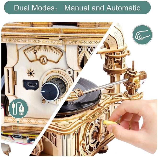 RoboTime 3D lesene mehanske puzzle Gramofon (ročni pogon)