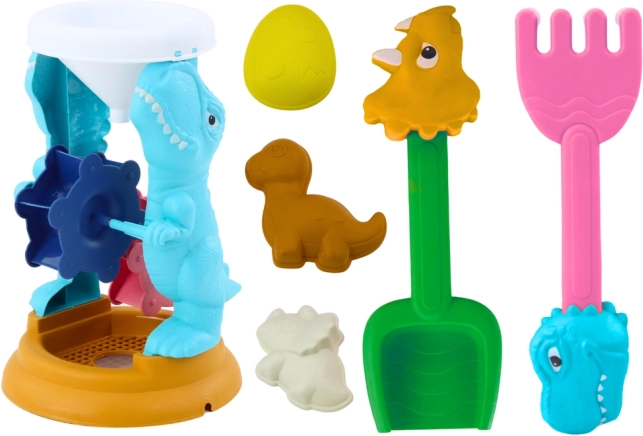 Dino set za pesek z mlinčkom, lopatko, grabljami in modelčki
